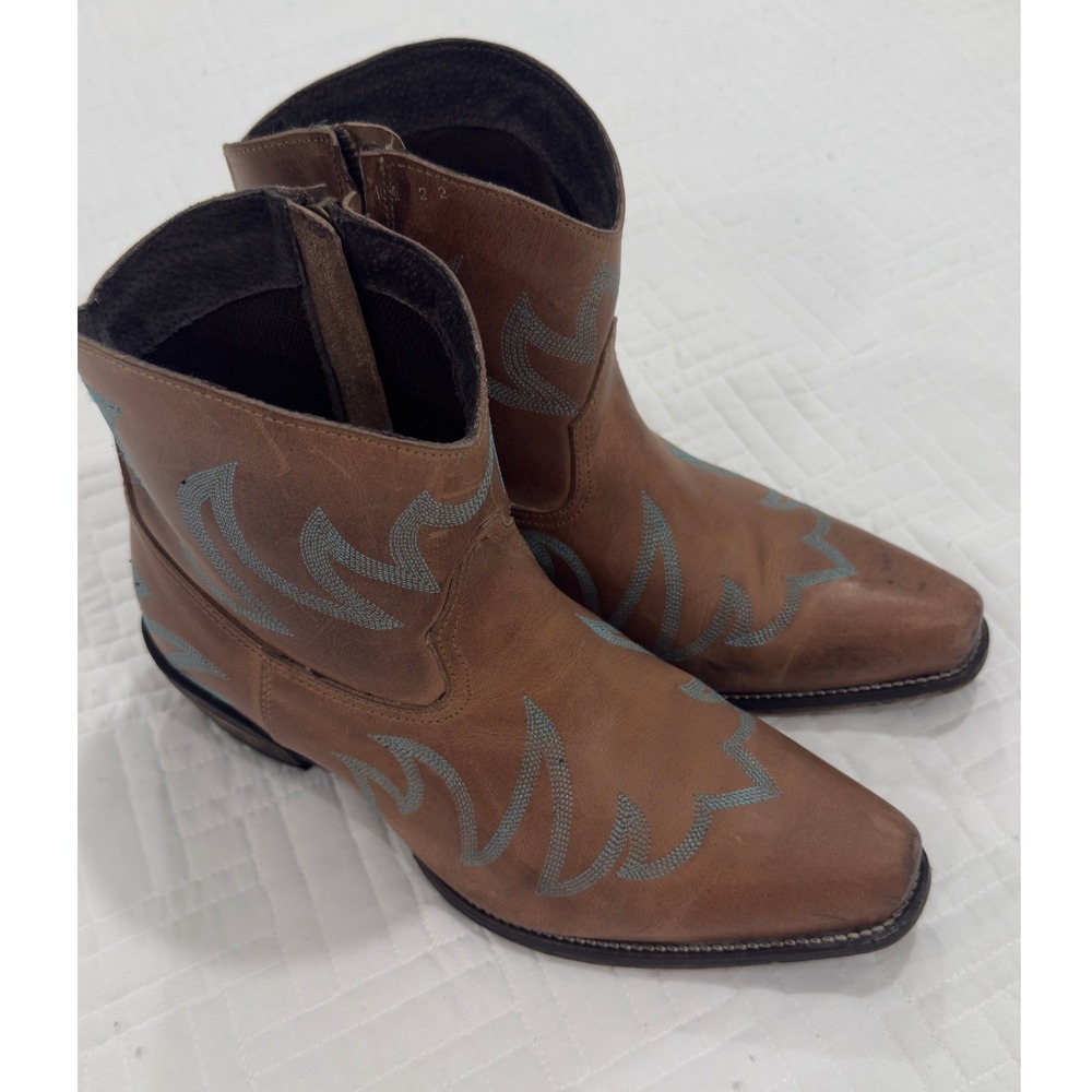 Roper Brown Leather Western Ankle Boots Teal Embroidery Side Zip Womens 11